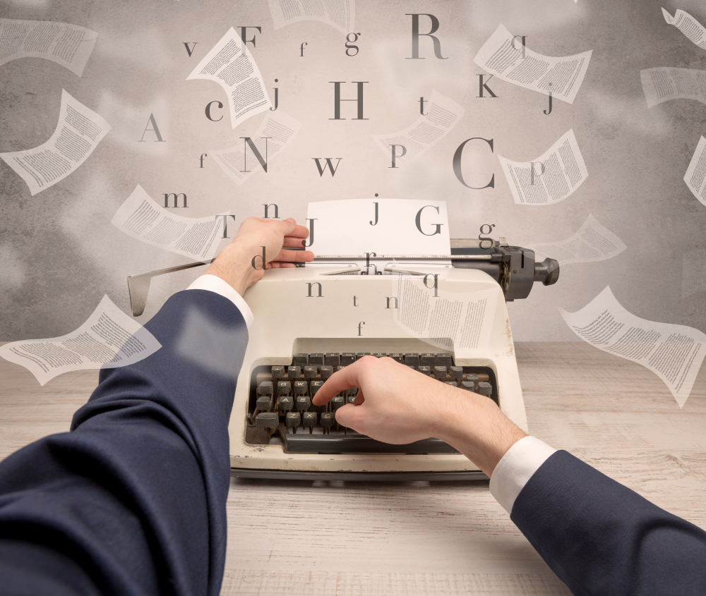 First person perspective hand typewriting with flying documents around